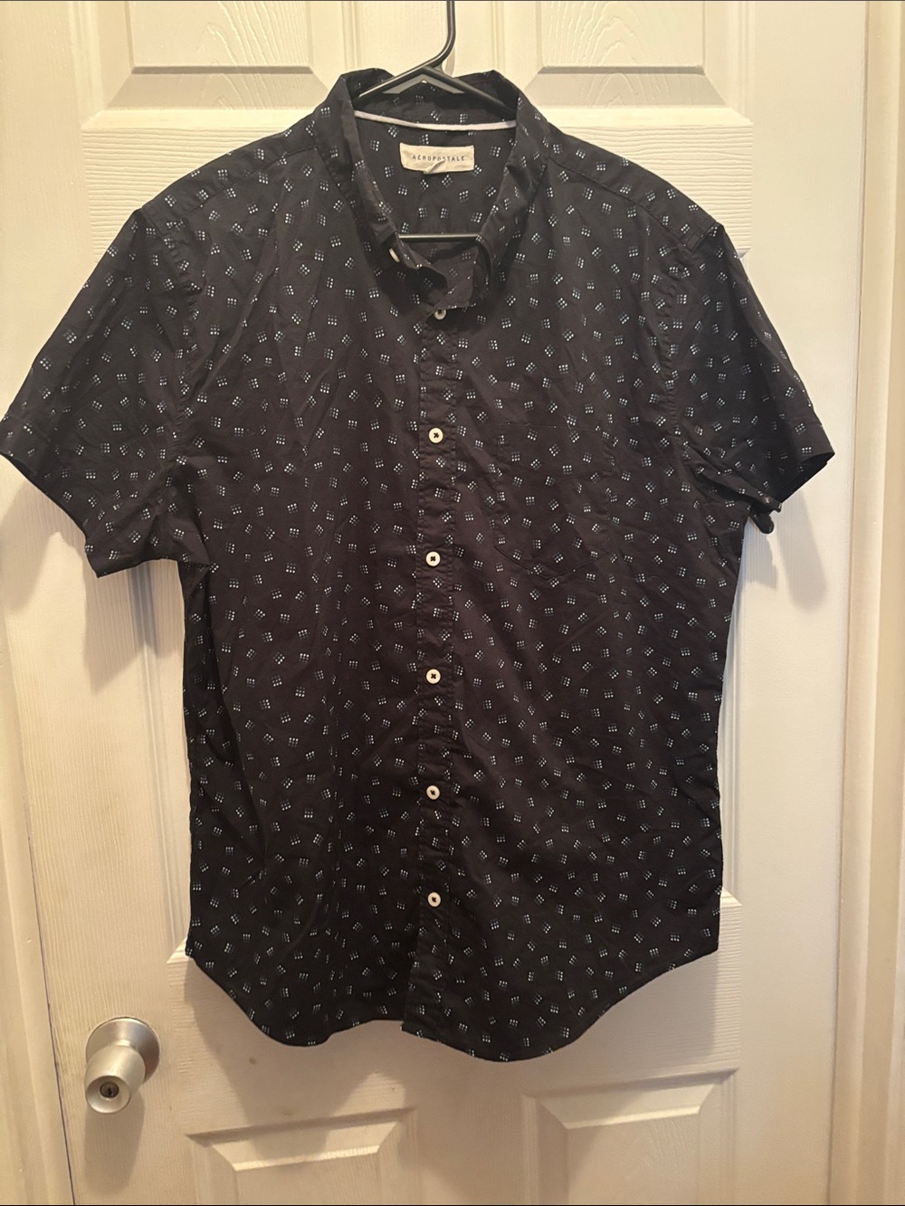 Aeropostale Black Short-Sleeve Button-Down Shirt with Light Blue Micro Print